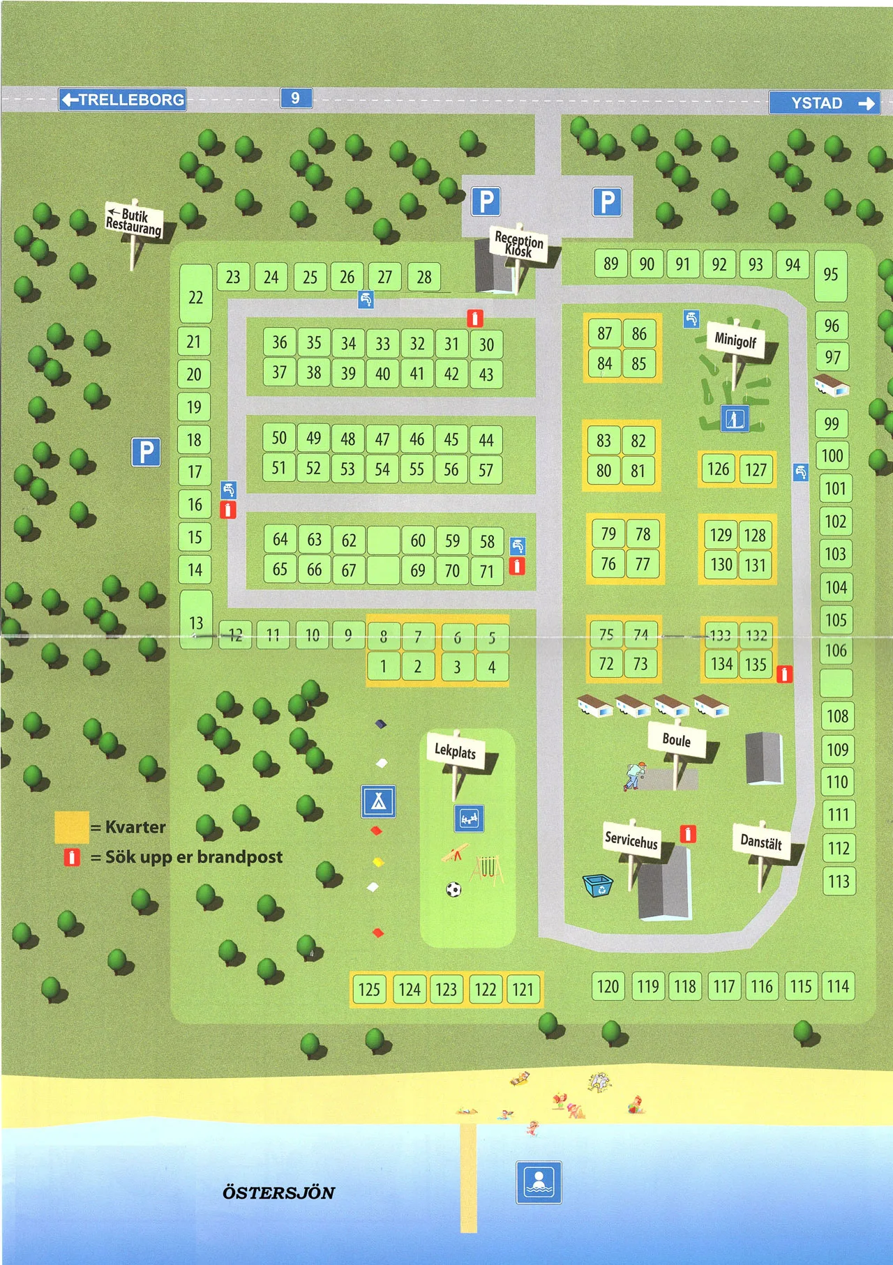 Karta över campingområdet med numrerade platser, tältområde, villavagnar, servicehus, lekplats, minigolf och boule. Väg 9 överst och Östersjön nederst.